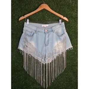 Hot & Delicious Rhinestone Fringe Denim Shorts Icy GRL Light Wash Medium...